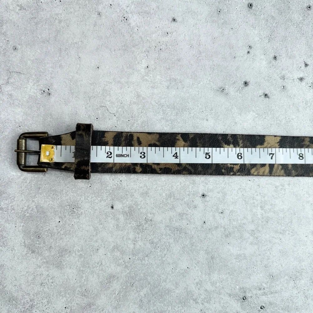 PERRY ELLIS Invisible Buckle Belt S Leopard Print Leather Neutral Casual‎